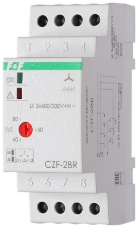 Реле контроля наличия фаз CZF-2BR (монтаж на DIN-рейке 35мм; регулировка порога отключения; 3х400/230+N 8А 1Z IP20) F&F EA04.003.003 320245