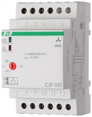 Реле контроля наличия фаз CZF-332 (монтаж на DIN-рейке 35мм; регулировка порога отключения; 3х400/230+N 8А 1P IP20) F&F EA04.003.004 320246