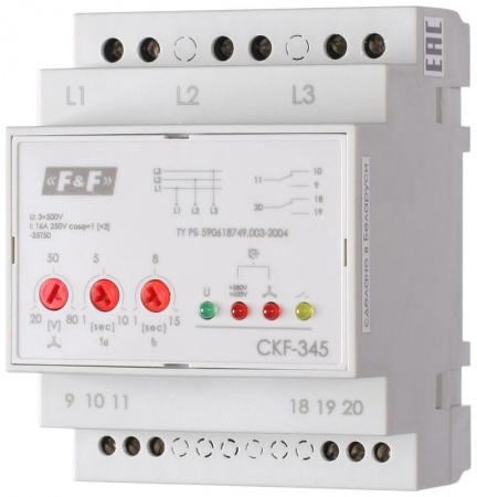 Реле контроля фаз для сетей с изолированной нейтралью CKF-345 (монтаж на DIN-рейке 35мм; регулировка порога отключения; контроль чередования фаз; 3х500В 2х8А 1х2P IP20) F&F EA04.004.001 320247