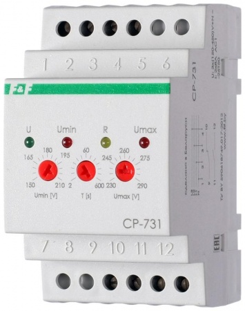 Реле напряжения CP-731 (трехфазный; микропроцессорный; контроль верхнего и нижнего значений напряжения; контроль ассиметрии; чередования фаз; монтаж на DIN-рейке 35мм 3х400/230+N 2х8А 1Z 1R IP20) F&F EA04.009.005 320284