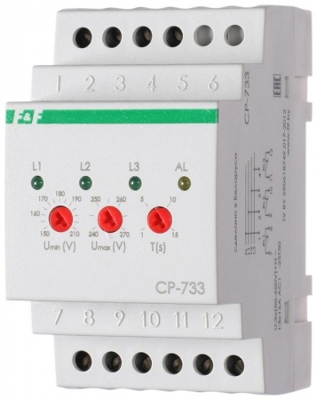 Реле напряжения CP-733 (трехфазный; контроль нижнего значения напряжения; 3 выхода на каждую фазу; монтаж на DIN-рейке 35мм 3х400/230+N 3х8А 3х1Z IP20) F&F EA04.009.006 320286