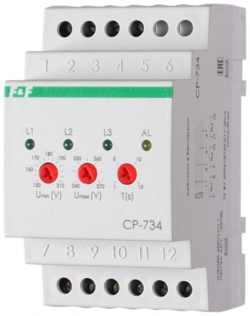 Реле напряжения CP-734 (трехфазный; контроль нижнего значения напряжения; 3 выхода на каждую фазу; монтаж на DIN-рейке 35мм 3х400/230+N 3х8А 3х1R IP20) F&F EA04.009.007 320288