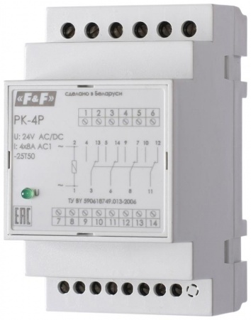 Реле промежуточное PK-4P (монтаж на DIN-рейке 35мм 220В 50Гц 4х8А 4 перекл.) F&F EA06.001.026 299967
