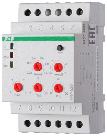 Реле тока EPP-620 (многофункциональное; двухпороговое (0.02-1А 0.5-5A); монтаж на DIN-рейке 35мм; 3 модуля; 230В AC 2х16А 2х1P IP20) F&F EA03.004.006 320159