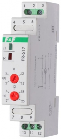 Реле тока PR-617 (диапазон 2-15А; с задержкой отключения; сквозной канал; монтаж на DIN-рейке 35мм 230В 16А 1Z IP20) F&F EA05.001.001 320298