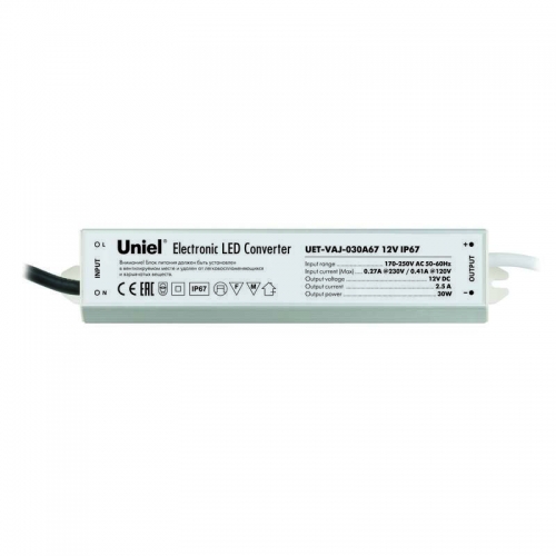 Блок питания UET-VAJ-030A67 для светодиодов с защ. от короткого замыкания и перегрузок 30Вт 12В IP67 алюм. Uniel 10587 488491