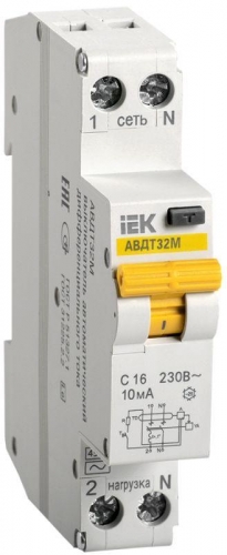 Выключатель автоматический дифференциального тока 1п C 16А 10мА тип A 4.5кА АВДТ-32М ИЭК MAD32-5-016-C-10 294445