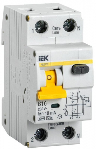 Выключатель автоматический дифференциального тока 2п (1P+N) B 16А 10мА тип A 6кА АВДТ-32 2мод. ИЭК MAD22-5-016-B-10 159246