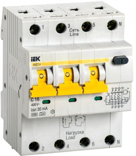 Выключатель автоматический дифференциального тока 4п (3P+N) C 16А 30мА тип A 6кА АВДТ-34 4мод. ИЭК MAD22-6-016-C-30 246971