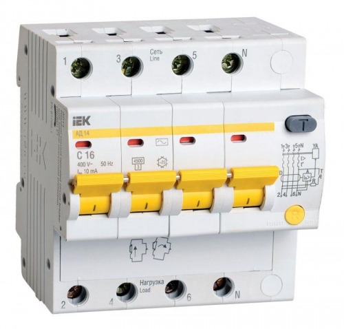 Выключатель автоматический дифференциального тока 4п C 16А 10мА тип AC 4.5кА АД-14 6.5мод ИЭК MAD10-4-016-C-010 132122