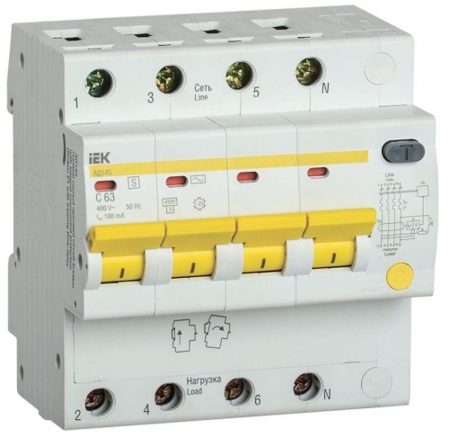 Выключатель автоматический дифференциального тока селективный 4п 63А 100мА тип AC АД12S ИЭК MAD13-4-063-C-100 424148