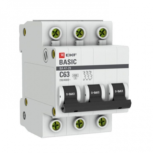 Выключатель автоматический модульный 3п C 63А 4.5кА ВА 47-29 Basic EKF mcb4729-3-63C 248332