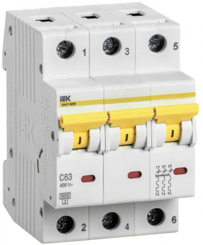 Выключатель автоматический модульный 3п C 63А 6кА ВА 47-60 ИЭК MVA41-3-063-C 221475