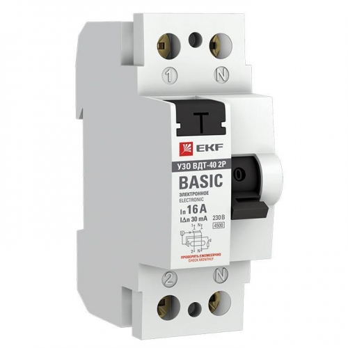 Выключатель дифференциального тока (УЗО) 2п 16А 30мА тип AC Basic (электрон.) EKF elcb-2-16-30e-sim 444465