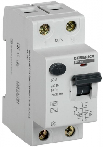 Выключатель дифференциального тока (УЗО) 2п 50А 30мА тип AC ВД1-63 GENERICA ИЭК MDV15-2-050-030 465292