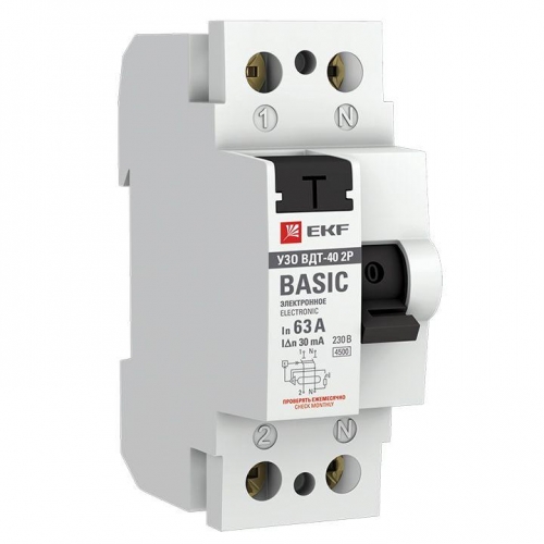 Выключатель дифференциального тока (УЗО) 2п 63А 30мА тип AC Basic (электрон.) EKF elcb-2-63-30e-sim 444468