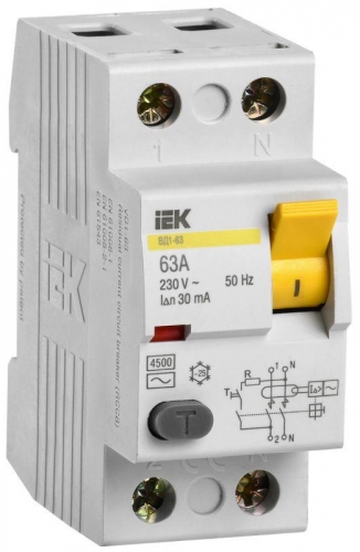 Выключатель дифференциального тока (УЗО) 2п 63А 30мА тип AC ВД1-63 ИЭК MDV10-2-063-030 25676
