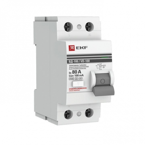 Выключатель дифференциального тока (УЗО) 2п 80А 100мА тип AC ВД-100 PROxima (электромех.) EKF elcb-2-80-100S-em-pro 415950
