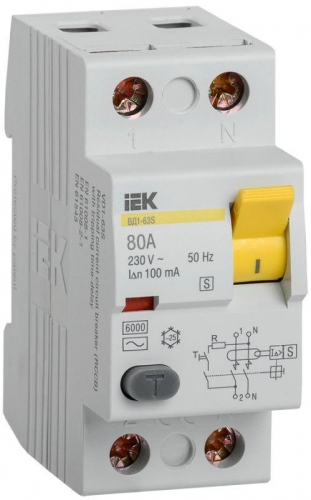 Выключатель дифференциального тока (УЗО) 2п 80А 100мА тип ACS ВД1-63S ИЭК MDV12-2-080-100 1035941