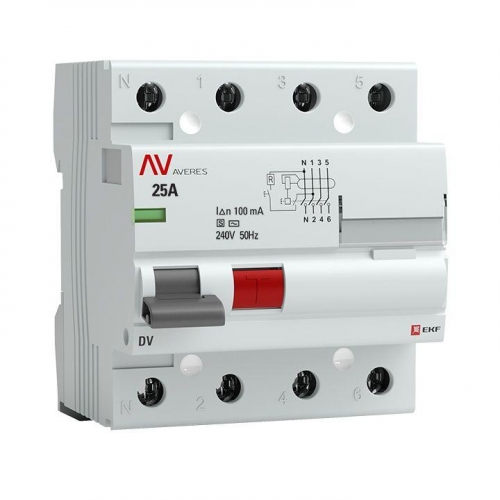 Выключатель дифференциального тока (УЗО) 4п 25А 100мА тип S DV AVERES EKF rccb-4-25-100-s-av 1208869