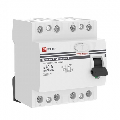 Выключатель дифференциального тока (УЗО) 4п 40А 30мА тип A ВД-100 PROxima (электрон.) EKF elcb-4-40-30-e-a-pro 444462
