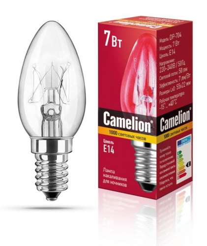 Лампа накаливания DP-704 BL-4 (лампа запас. для ночников прозрачная 220В 7Вт E14) (уп.4шт) Camelion 7077 250876