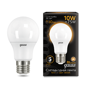 Лампа светодиодная LED A60 10Вт E27 3000К Gauss 102502110 488190