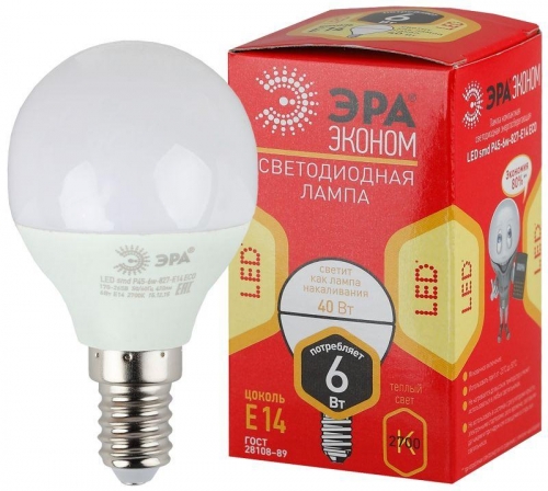 Лампа светодиодная LED smd Р45-6w-827-E14_eco ЭРА Б0020626 1231525