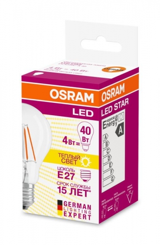 Лампа светодиодная LED STAR CLASSIC A 40 4W/827 грушевидная 230V FIL E27 FS1 OSRAM 4058075055292 485569