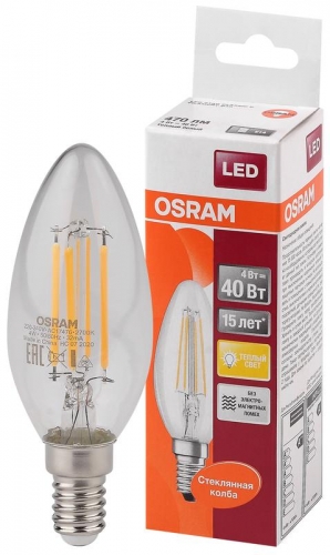 Лампа светодиодная LED STAR CLASSIC B 40 4W/827 230V FIL E14 FS1 OSRAM 4058075068353 485572