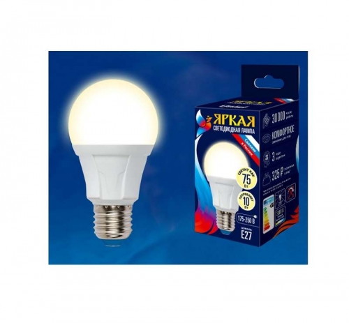 Лампа светодиодная LED-A60 10W/WW/E27/FR грушевидная PLP01WH форма "А" мат. серия "ЯРКАЯ" свет теплый бел. 3000К упак. картон Uniel UL-00001524 485430