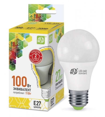 Лампа светодиодная LED-A60-standard 11Вт грушевидная 3000К тепл. бел. E27 990лм 160-260В ASD 4690612001739 443274