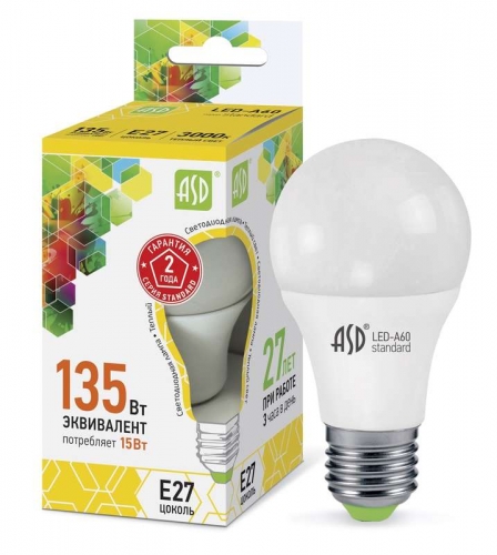 Лампа светодиодная LED-A60-standard 15Вт грушевидная 3000К тепл. бел. E27 1350лм 160-260В ASD 4690612002088 443276