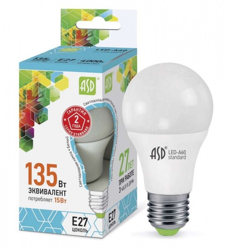 Лампа светодиодная LED-A60-standard 15Вт грушевидная 4000К белый E27 1350лм 160-260В ASD 4690612002101 443277