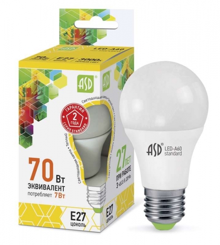 Лампа светодиодная LED-A60-standard 7Вт грушевидная 3000К тепл. бел. E27 630лм 160-260В ASD 4690612001692 443272