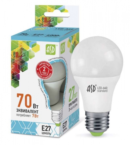 Лампа светодиодная LED-A60-standard 7Вт грушевидная 4000К белый E27 630лм 160-260В ASD 4690612001678 443273