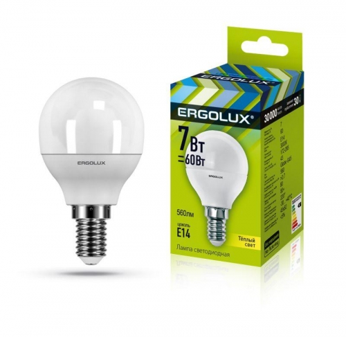 Лампа светодиодная LED-G45-7W-E14-3000K 172-265В "Шар" Ergolux 12142 476365