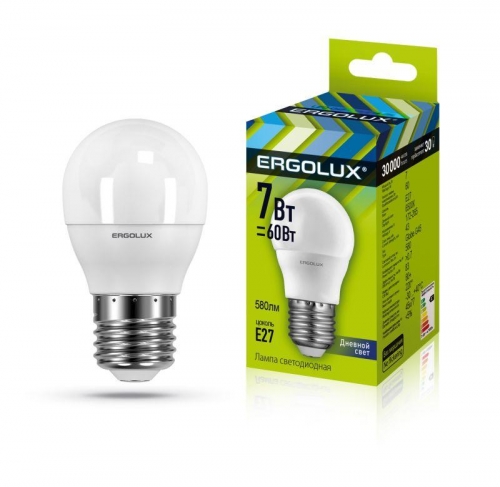 Лампа светодиодная LED-G45-7W-E27-6500K 172-265В "Шар" Ergolux 12877 476370