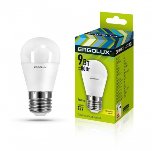 Лампа светодиодная LED-G45-9W-E27-3К Шар 9Вт E27 3000К 172-265В Ergolux 13176 492844