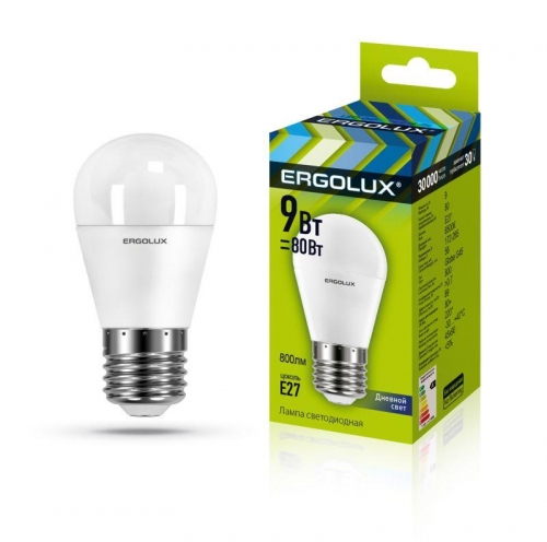 Лампа светодиодная LED-G45-9W-E27-6К Шар 9Вт E27 6500К 172-265В Ergolux 13178 492846