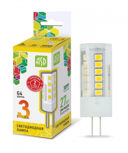 Лампа светодиодная LED-JC-standard 3Вт капсульная 3000К тепл. бел. G4 270лм 12В ASD 4690612004624 443342