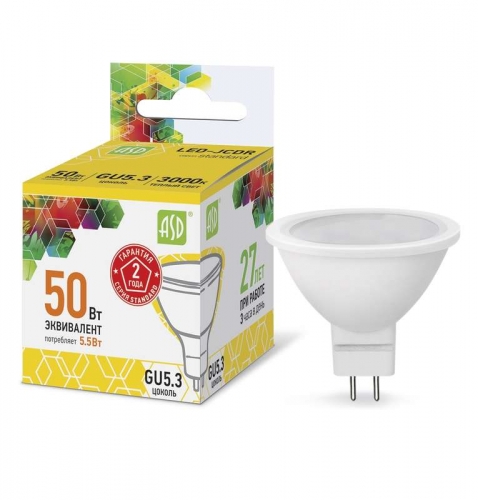 Лампа светодиодная LED-JCDR-standard 5.5Вт 3000К тепл. бел. GU5.3 495лм 160-260В ASD 4690612002262 443330