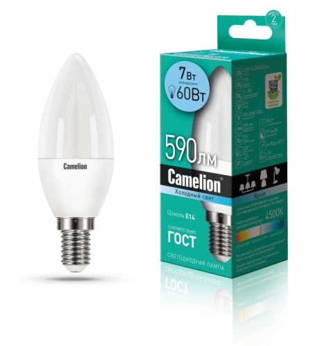 Лампа светодиодная LED7-C35/845/E14 7Вт свеча 4500К белый E14 560лм 220-240В Camelion 12074 404313