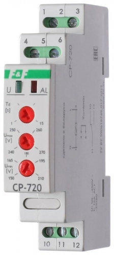 Реле напряжения CP-720 (однофазный; контроль верхнего и нижнего значений напряжения; 150-450В AC 16А 1NO/NC IP20) F&F EA04.009.002 247611